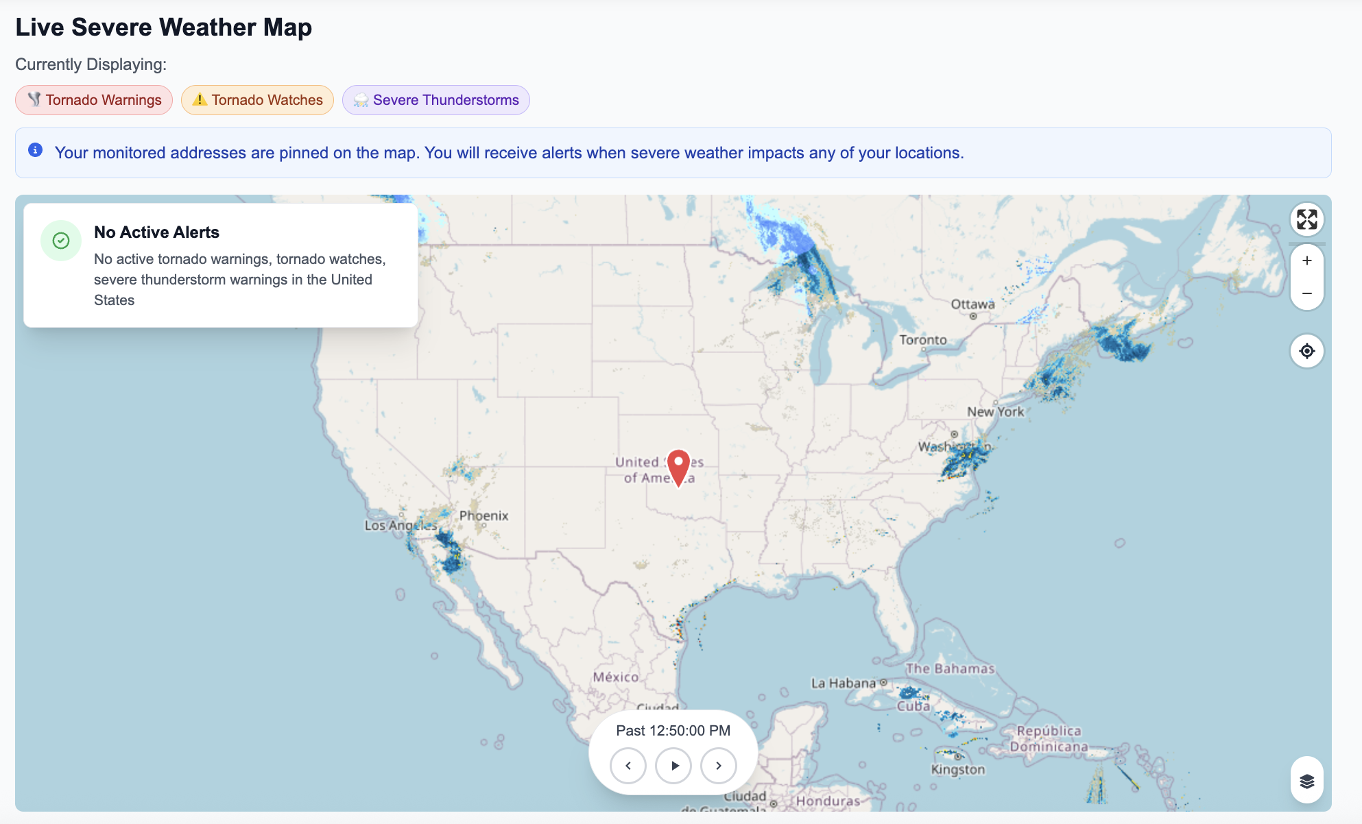Live severe weather map showing monitored locations and active alerts